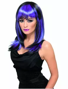 Long black and purple wig for women