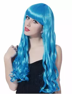 Long wavy blue wig with bangs for women