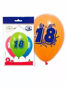 8 flerfargede ballonger med nummer 18, 30 cm