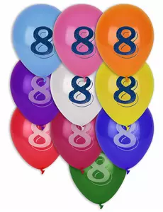 8 flerfargede ballonger med nummer 8, 30 cm