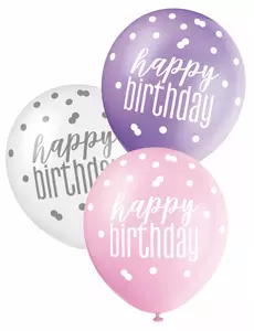 6 rosa, lilla og hvite bursdagsballonger
