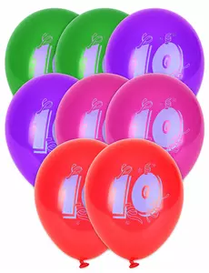 8 flerfargede ballonger med nummer 10, 30 cm