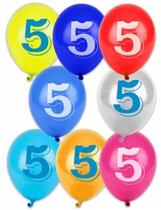8 flerfargede ballonger med nummer 5, 30 cm