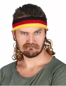 Svart, rødt og gult mullet-pannebånd med bart