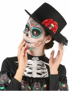 Svart flosshatt med rød blomsterhodeskalle til Dia de los muertos voksen
