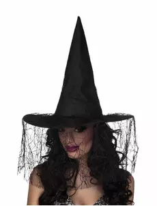 Svart heksehatt med edderkoppslør til dame, Halloween