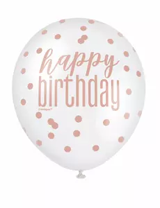 6 lateksballonger med bursdagsmotiv og hvite og rosa prikker, 30 cm