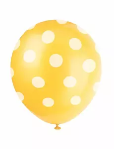 6 gule lateksballonger med hvite prikker 30 cm
