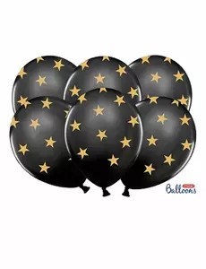 6 svarte lateksballonger med gullstjerner 30 cm