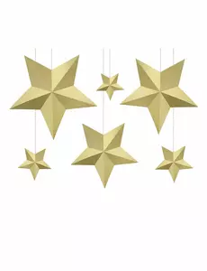 6 3D gullfargede julestjerner