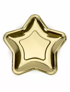 6 små gullfargede metalliske stjernetallerkener i papp, 18 cm