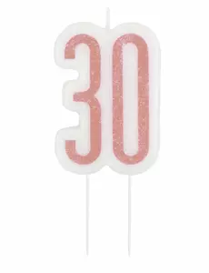 Bursdagslys på pinne 30 år rosa glitter 7 cm