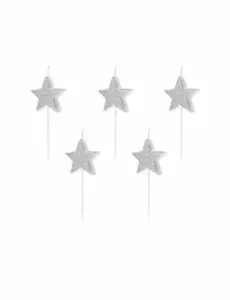 5 bursdagslys på sølvglitterstjerner 3,5 cm