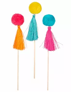 6 treplukker fargede pomponger 16 cm
