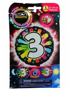 Illooms® flerfarget LED-folieballong med nummer 3, 50 cm