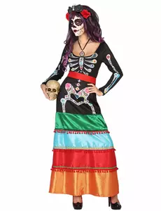 Fargerikt meksikansk langt kostyme for kvinner Dia de los muertos, Størrelse: XS/S