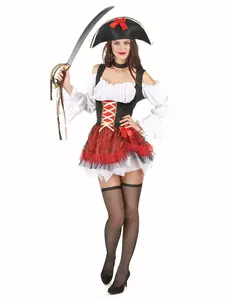 Sexy hvitt og rødt piratkostyme til kvinner, Størrelse: Small/Medium