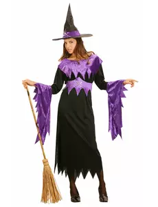 Lilla heksekostyme med hatt til Halloween for kvinner