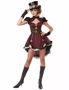 Burgunderfarget steampunk-kostyme til kvinner, Størrelse: Small (38/40)