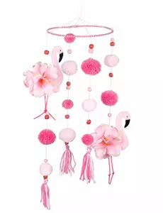 Flamingo pendant light with pink pompoms 60 x 16 cm