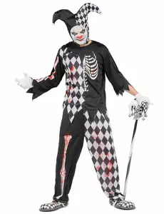 Denne Halloween-helgen kan du forvandle deg til en blodig harlekin! Dette harlekinkostymet for menn består av en tunika, bukser og en hatt (stokk ikke inkludert). Toppen er svart med et skjeletttrykk på den ene halvdelen av brystet og den ene armen. Den a, Størrelse: M