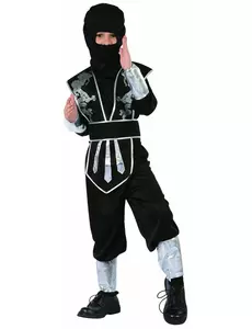 Svart og sølvfarget ninjakostyme til gutter, Størrelse: 4–6 år (110–120 cm)