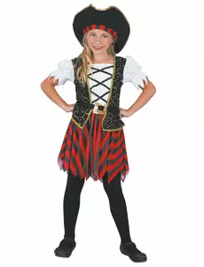 Svart og rødt piratkostyme til jenter, Størrelse: 3–4 år (92–104 cm)