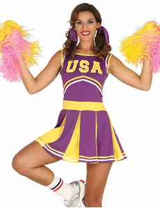 Lilla og gult USA cheerleader-kostyme til kvinner, Størrelse: X-Small/Small (36-38)