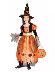 Oransje heksekostyme til jenter Halloween, Størrelse: 7–9 år (120–130 cm)