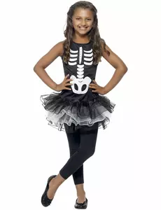 Svart tutu skjelettkostyme til jenter Halloween, Størrelse: 4–6 år (115/128 cm)
