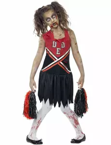 Svart og rødt zombie cheerleader-kostyme til jenter, Størrelse: 10–12 år (145/158 cm)