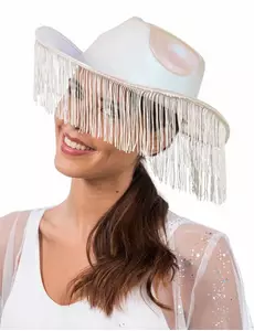 Hvit iriserende cowboyhatt med frynser for voksne