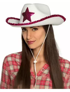 Hvit cowgirlhatt med rosa paljettstjerner