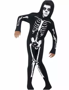 Svart skjelett-jumpsuitkostyme til barn, Størrelse: 10–12 år 145/158 cm)