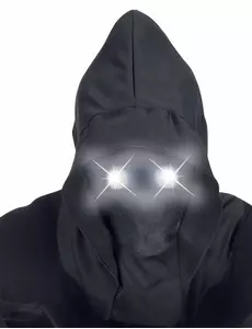 Hvit, usynlig helmaske med hette og lysende øyne for voksne