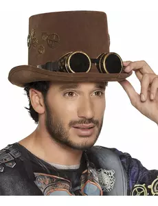 Brun topphatt med tannhjul og steampunk-briller for voksne
