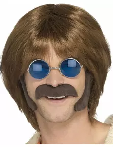Brunt hippiesett med bart og kinnskjegg for menn