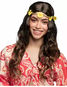 Lang brun parykk med blomsterpannebånd for kvinner