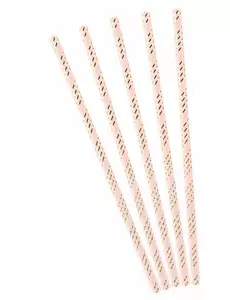 10 rosa pappsugerør med metalliske gullstriper 19,5 cm
