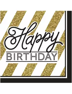 16 Black and Gold Happy Birthday Paper Napkins 33 x 33 cm