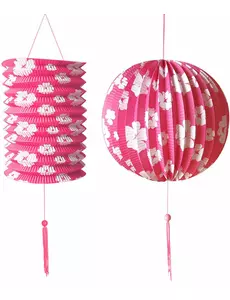 2 rosa lykter med hvite hawaiiske blomster