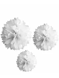 3 white paper pom poms 20, 30 and 40 cm