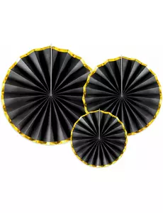 3 sorte og gullfargede papprosetter 23, 32 og 40 cm