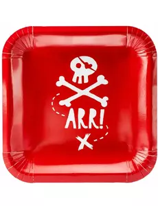 6 røde piratfest-pappistallerkener 20 cm