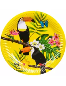 10 gule tukan-papirtallerkener 23 cm