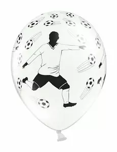 6 hvite lateksballonger med fotballspiller og 30 cm ballonger