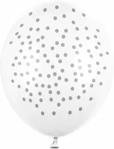 6 hvite lateksballonger med sølvprikker 30 cm