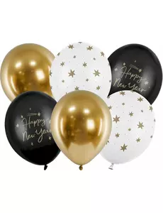 6 svarte og gullfargede ballonger til godt nyttår, 30 cm