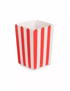 6 røde og hvite popcornbokser i papp, 7 x 12,5 cm