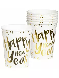 10 hvite og gullfargede pappkopper, 21 cl, med teksten «Good New Year»